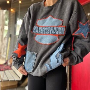 Harley Davidson Patchwork Reworked and Up Cycled Gray Crewneck Sweatshirt Denim
